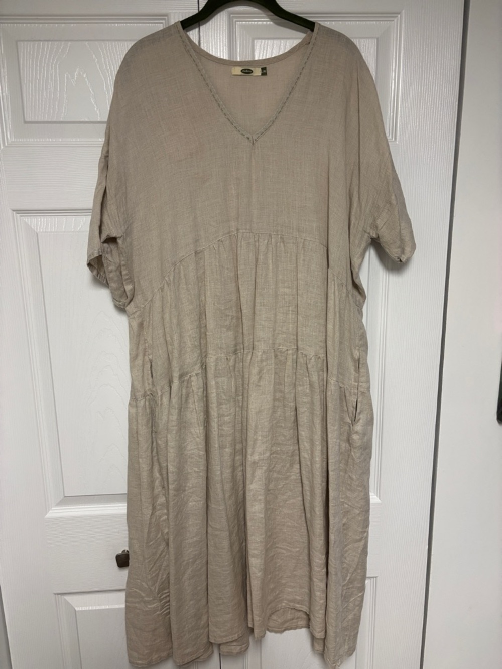 Boxy V-Neck Tiered Midi Dress in Beige